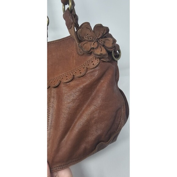 Lucky Brand Handbag Brown Italian Leather Boho Floral Applique Shoulder Bag Rare - Picture 10 of 16